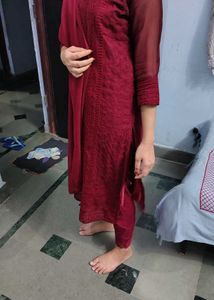 Maroon Chikankari Kurta Set pant duptta