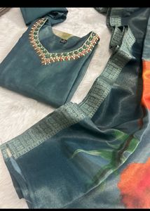 Elegant Teal Kurta Set with Floral Dupatta