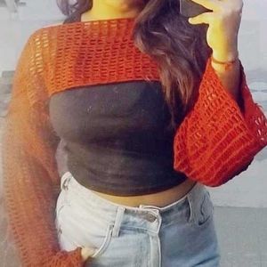 Crochet Net Shrug cherry red sleeves