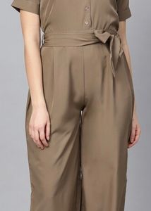 Ives Women Brown Solid Basic Jumpsuit