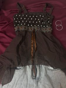 Brown Embellished Halter Top