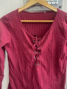 Maroon Ribbed Lace-Up Bodysuit