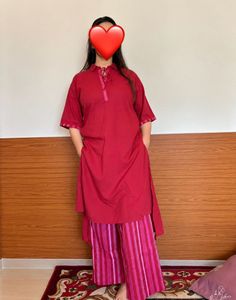 Red Kurta with Striped Palazzo Pants