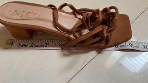 Brown Suede Block Heels With Tie Up
