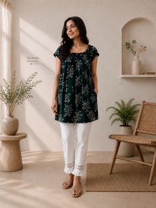 Bottle Green Bandhej Printed Tunic Top