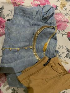 Light Blue Kurta Set with Gold Trim