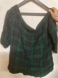 Off-Shoulder Plaid Button-Up Top