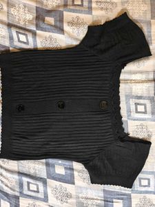 Ribbed Black Button-Up Top