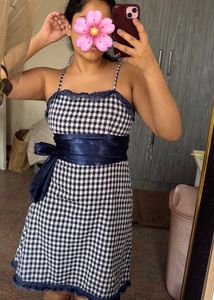 Blue & White Gingham Dress with Lace Trim