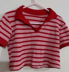 Pink & Red Striped Polo Crop Top