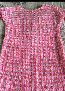Pink Printed Kurta with Embellished Neckline