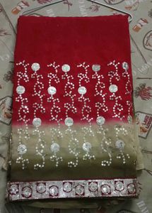 Red Saree with Sequins Work