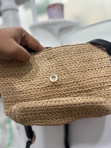 Straw &amp; Faux Leather Crossbody Bag