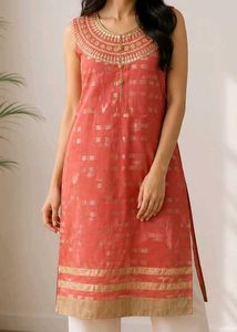 🎀250Rs🎀Elegant Coral Kurta with Gold Print