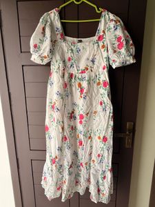 White Floral Puff Sleeve Midi Dress