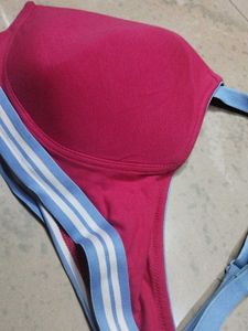 Pink Sports Bra with Blue Straps