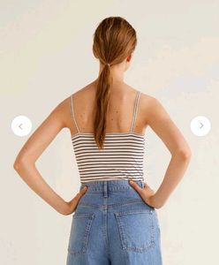 MANGO Women White &amp; Black Striped Fitted Top