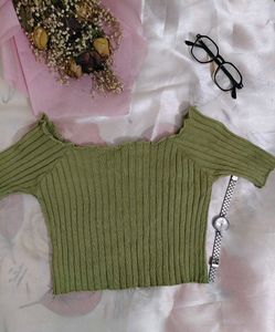 Green Ribbed Off-Shoulder Top