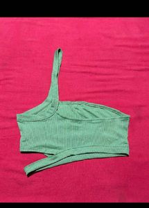 Green One Shoulder Ribbed Crop Top