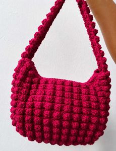 Cream Crochet Hobo Bag with Pink Ribbon