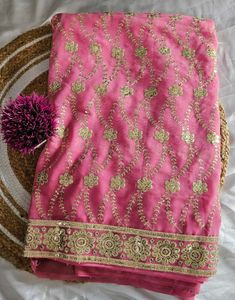 Pink Saree With Gold Sequin Work