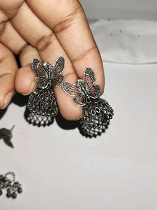 Oxidised Silver Butterfly Jhumka &amp; Statement Earri