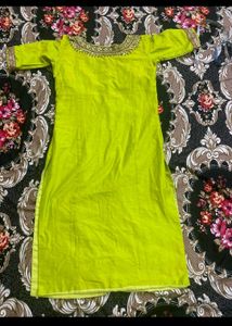 Lime Green Anarkali Kurta with Mirror Work