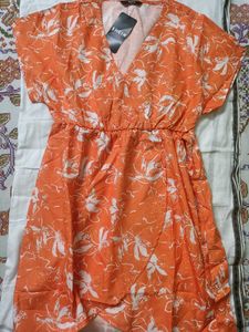 Coral Wrap Dress with White Floral Print