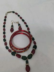 Maroon and Green Colour Necklace With Earings and two Bangles