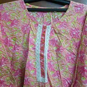 Pink Floral Print Kurta with White Lace (2 kurti)