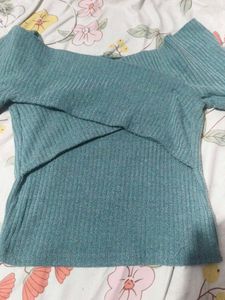 Green Ribbed Wrap Top