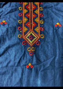 Embroidered Blue Cotton Kurta Set with Dupatta