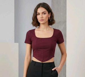 Burgundy Ribbed Corset Crop Top