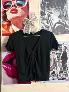 Chic Black Ruched V-Neck Top