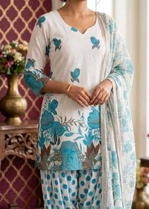 White Kurta Set with Blue Floral Print