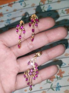 Elegant Pink Stone Pendant Set with Matching Earri