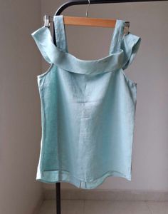 MANGO Blue Ruffle Collar Tank