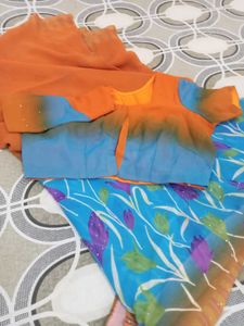 Vibrant Orange &amp; Blue Floral Saree