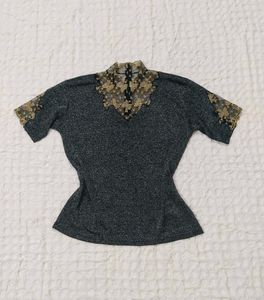 Sparkly Black Top with Lace Collar