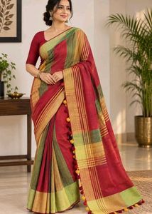 Beautiful Striped Saree with Tassels, Cotton sare