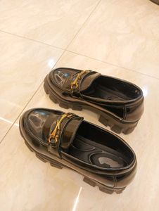 Chic Black Patent Loafers with Gold Buckle