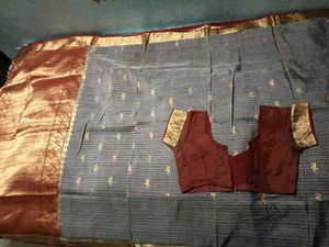 GentlyUsed Burgundy and Grey Pattu Sari WithBlo