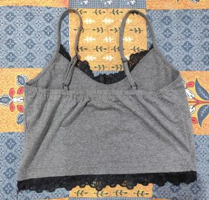 Grey Moth Skull Lace Trim Cami Top