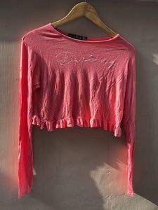 Pink Graphic Crop Top with Ruffle Hem