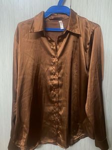 Brown Satin Button-Down Shirt