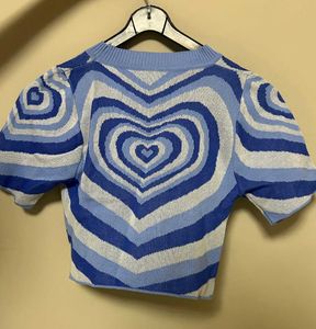 Blue Heart Print Cropped T-Shirt