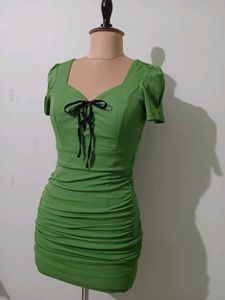 Green Ruched Lace-Up Dress