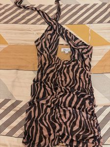 Chic Zebra Print Ruched Halter Dress