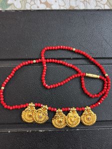 Red Beaded Necklace with Gold Pendants