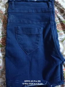 Blue Denim Shorts with Frayed Hem
